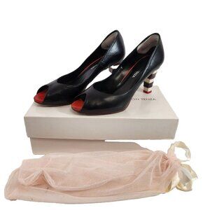 Ramon Tenza Galia Open Toe Black Heels Women 7M Striped Spain with Box Shoe Bag